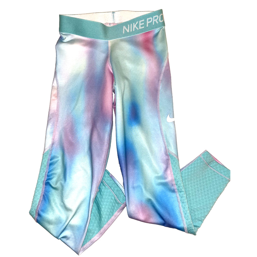 Nike Pro Warm Leggings Womens Rainbow Active Gym Swoosh Textured SMALL Tie Dye